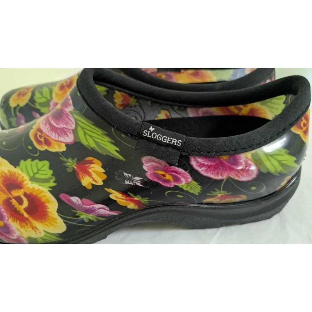 Sloggers Waterproof Rain & Garden Black Pansy Slip On Shoe Women's Size 9